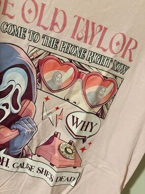 TikTok | Whos Afraid of Little Old Me Swiftie Horror Inspired Tee Pink Medium